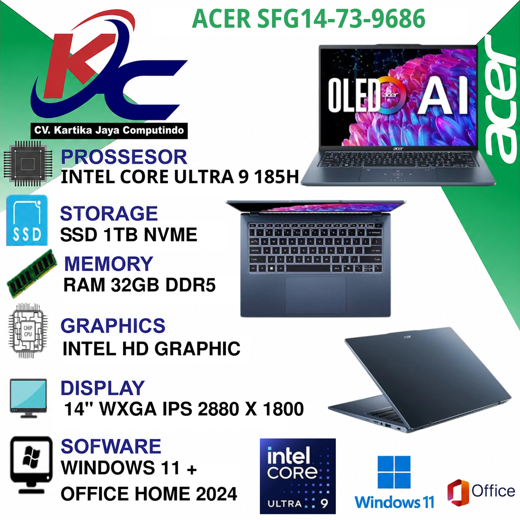 ACER SFG14-73-9686  ULTRA 9-185H/ 32GB/ SSD 1TB/ W11 OHS BLUE 